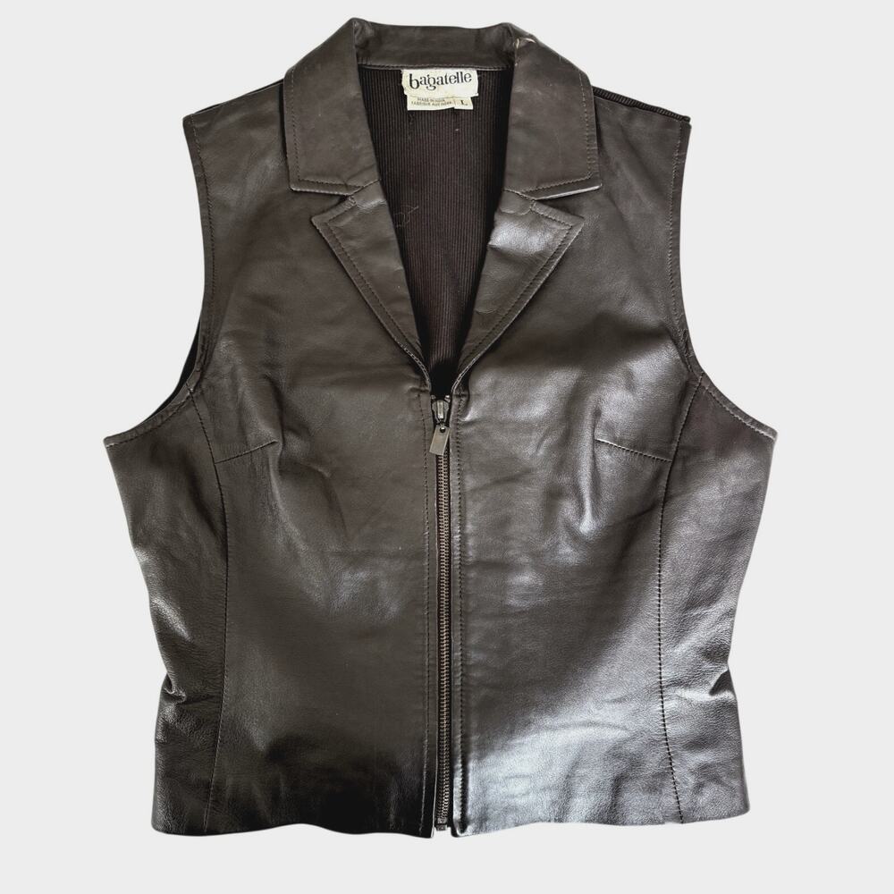 90s Bagatelle Brown Leather Vest Fitted Knit Back Festival Top Size L
